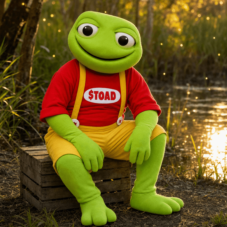 El Toad Pepe sitting by the water at golden hour