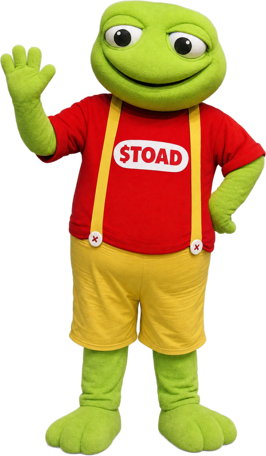 El Toad Pepe waving, in his red $TOAD shirt and yellow suspenders
